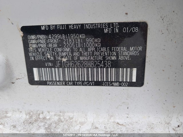 2008 Subaru Impreza 2.5 I Sport Package მანქანა იყიდება აუქციონზე, vin: JF1GH62628H825438, აუქციონის ნომერი: 12702911