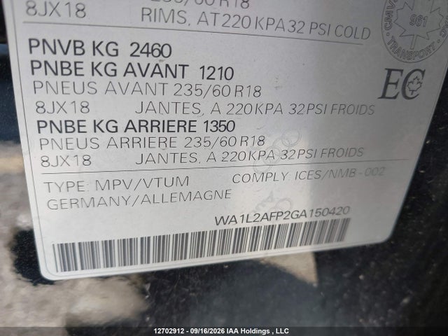 2016 Audi Q5 2.0t Progressiv მანქანა იყიდება აუქციონზე, vin: WA1L2AFP2GA150420, აუქციონის ნომერი: 12702912