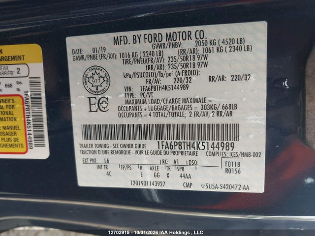 2019 Ford Mustang მანქანა იყიდება აუქციონზე, vin: 1FA6P8TH4K5144989, აუქციონის ნომერი: 12702915