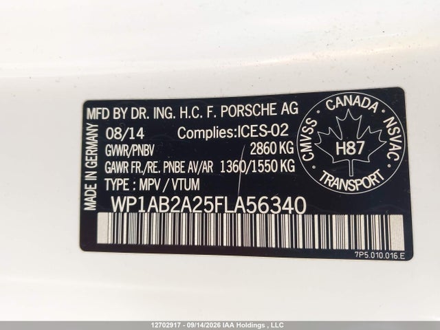 2015 Porsche Cayenne S მანქანა იყიდება აუქციონზე, vin: WP1AB2A25FLA56340, აუქციონის ნომერი: 12702917