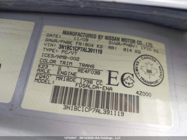 12702937 :رقم المزاد ، 3N1BC1CP7AL391119 vin ، 2010 Nissan Versa 1.8s مزاد بيع