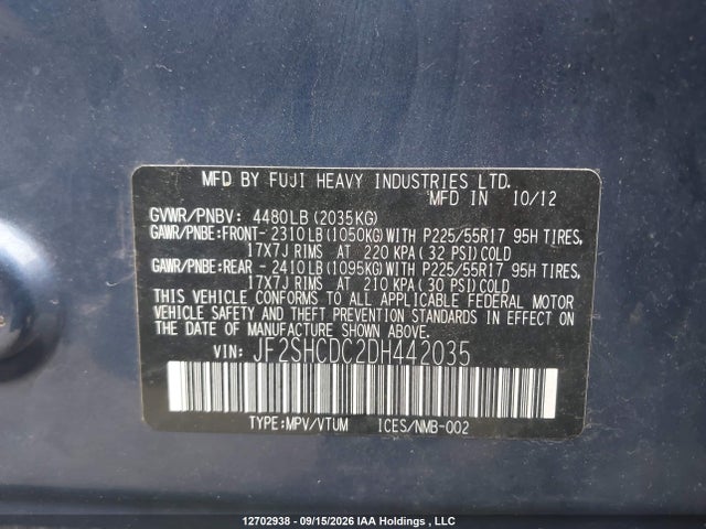 2013 Subaru Forester 2.5x Premium მანქანა იყიდება აუქციონზე, vin: JF2SHCDC2DH442035, აუქციონის ნომერი: 12702938