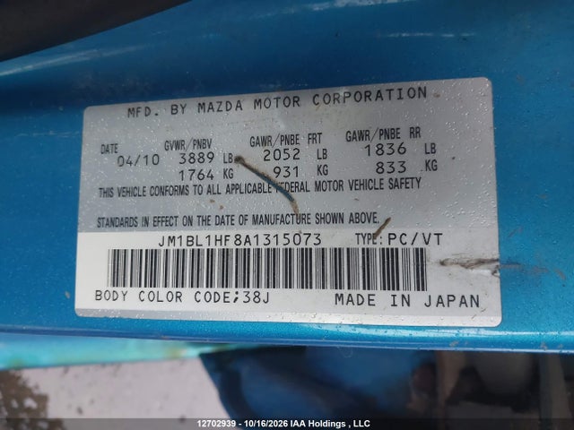 Aukcja sprzedaży 2010 Mazda 3 Sport, vin: JM1BL1HF8A1315073, numer aukcji: 12702939