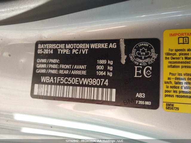 12702942 :رقم المزاد ، WBA1F5C50EVW98074 vin ، 2014 Bmw 228i مزاد بيع