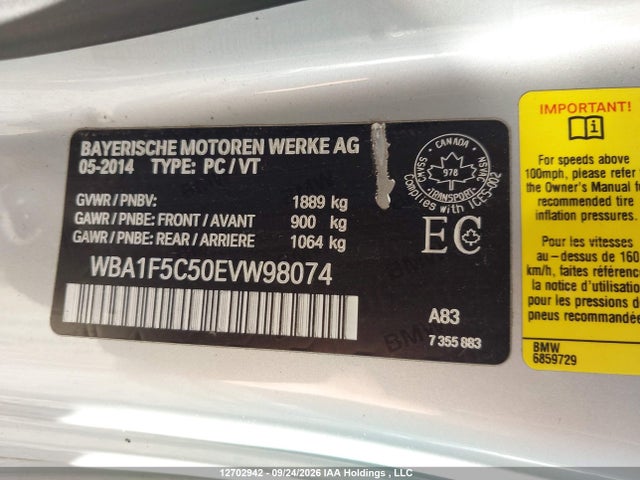 12702942 :رقم المزاد ، WBA1F5C50EVW98074 vin ، 2014 Bmw 228i مزاد بيع