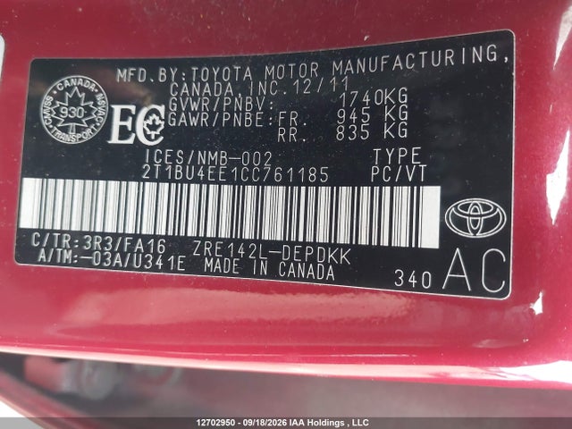 Продаж на аукціоні авто 2012 Toyota Corolla Ce, vin: 2T1BU4EE1CC761185, номер лоту: 12702950