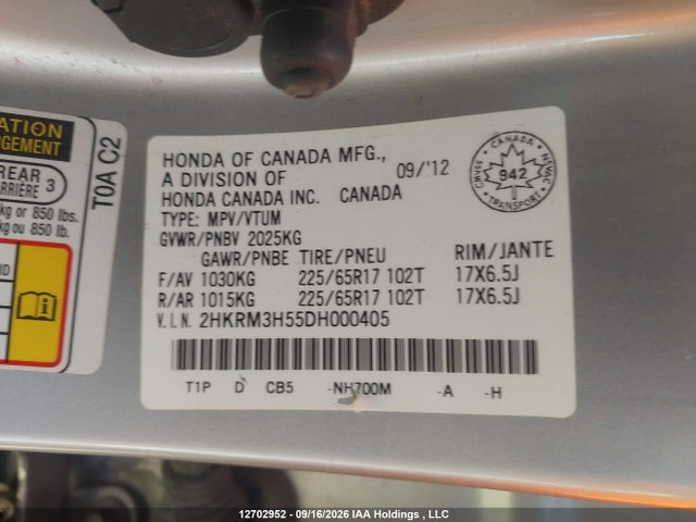 Продаж на аукціоні авто 2013 Honda Cr-v Ex, vin: 2HKRM3H55DH000405, номер лоту: 12702952
