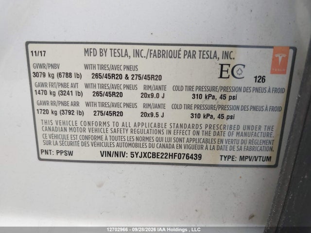 Aukcja sprzedaży 2017 Tesla Model X 100d/75d/90d, vin: 5YJXCBE22HF076439, numer aukcji: 12702966