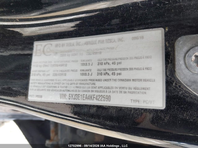 Продаж на аукціоні авто 2019 Tesla Model 3 Long Range/mid Range/standard Range/standard Range Plus, vin: 5YJ3E1EA4KF422590, номер лоту: 12702996
