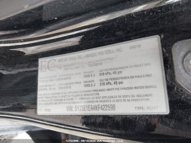 Продаж на аукціоні авто 2019 Tesla Model 3 Long Range/mid Range/standard Range/standard Range Plus, vin: 5YJ3E1EA4KF422590, номер лоту: 12702996