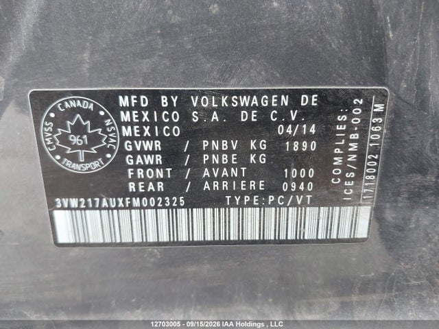 Auction sale of the 2015 Volkswagen Golf, vin: 3VW217AUXFM002325, lot number: 12703005