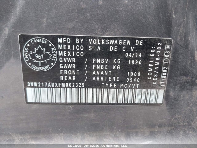Auction sale of the 2015 Volkswagen Golf, vin: 3VW217AUXFM002325, lot number: 12703005