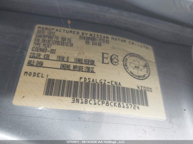 12703011 :رقم المزاد ، 3N1BC1CP8CK815724 vin ، 2012 Nissan Versa 1.8 S/1.8 Sl مزاد بيع