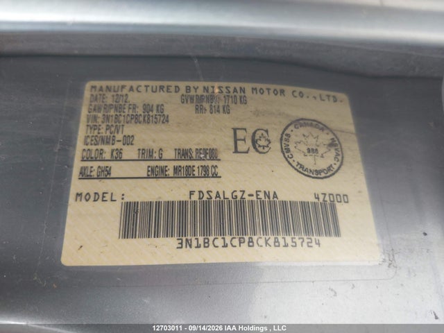 12703011 :رقم المزاد ، 3N1BC1CP8CK815724 vin ، 2012 Nissan Versa 1.8 S/1.8 Sl مزاد بيع