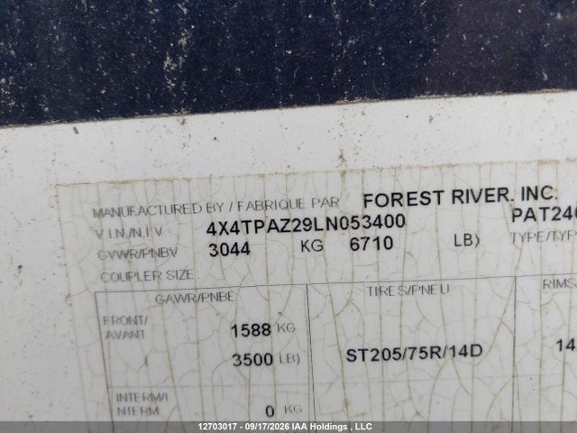 12703017 :رقم المزاد ، 4X4TPAZ29LN053400 vin ، 2020 Forest River  مزاد بيع
