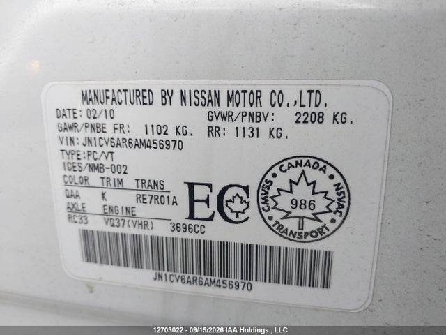 12703022 :رقم المزاد ، JN1CV6AR6AM456970 vin ، 2010 Infiniti G37 مزاد بيع