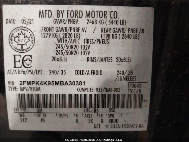 Продаж на аукціоні авто 2021 Ford Edge Titanium, vin: 2FMPK4K95MBA30381, номер лоту: 12703024