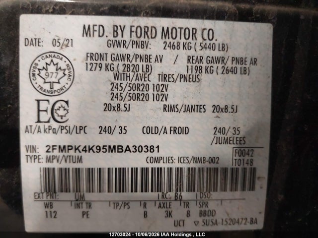 Продаж на аукціоні авто 2021 Ford Edge Titanium, vin: 2FMPK4K95MBA30381, номер лоту: 12703024