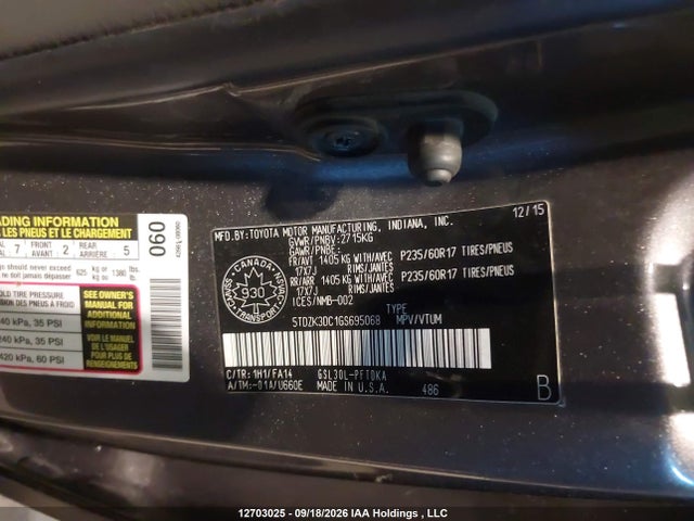 Продаж на аукціоні авто 2016 Toyota Sienna 7 Passenger, vin: 5TDZK3DC1GS695068, номер лоту: 12703025