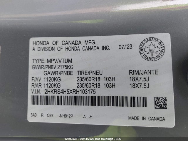 Aukcja sprzedaży 2024 Honda Cr-v Sport, vin: 2HKRS4H5XRH103175, numer aukcji: 12703038