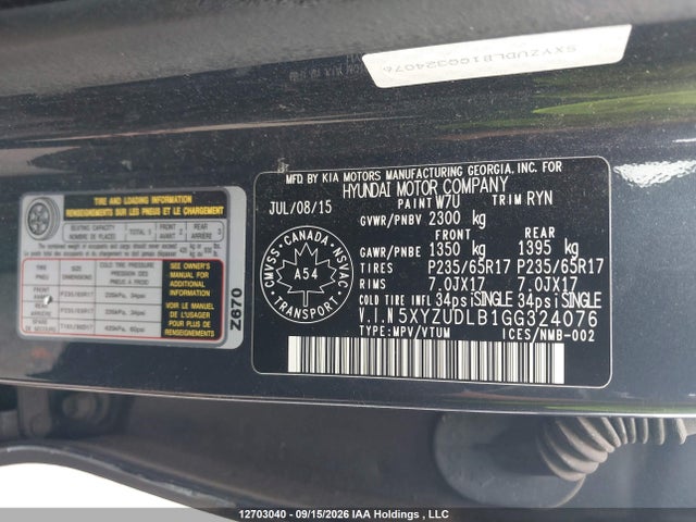 12703040 :رقم المزاد ، 5XYZUDLB1GG324076 vin ، 2016 Hyundai Santa Fe Sport مزاد بيع