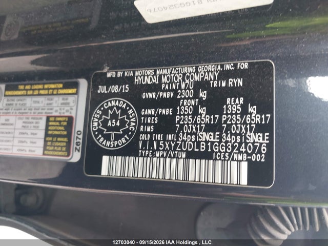 12703040 :رقم المزاد ، 5XYZUDLB1GG324076 vin ، 2016 Hyundai Santa Fe Sport مزاد بيع