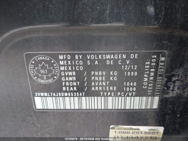 Продажа на аукционе авто 2013 Volkswagen Jetta, vin: 3VWML7AJ9DM653547, номер лота: 12703079
