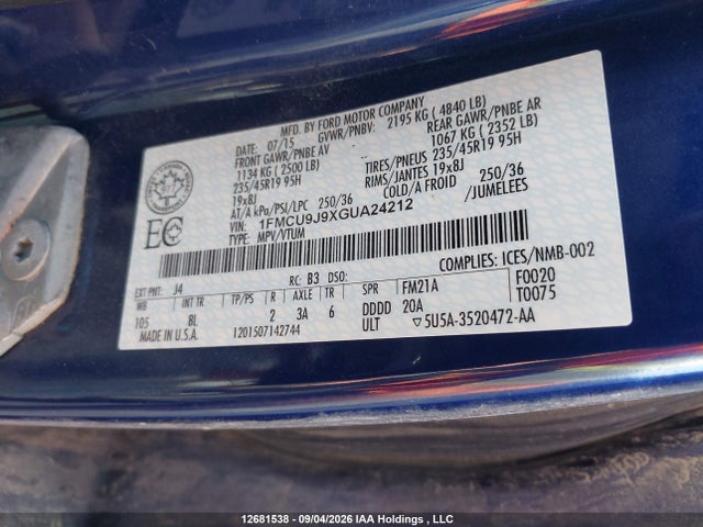Продажа на аукционе авто 2016 Ford Escape Titanium, vin: 1FMCU9J9XGUA24212, номер лота: 12681538