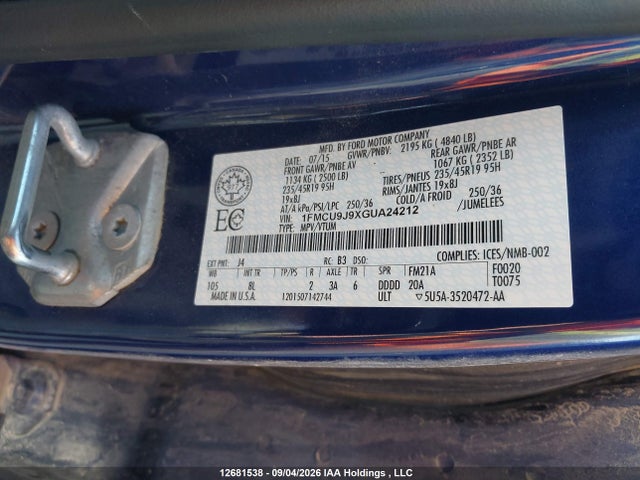 Продажа на аукционе авто 2016 Ford Escape Titanium, vin: 1FMCU9J9XGUA24212, номер лота: 12681538
