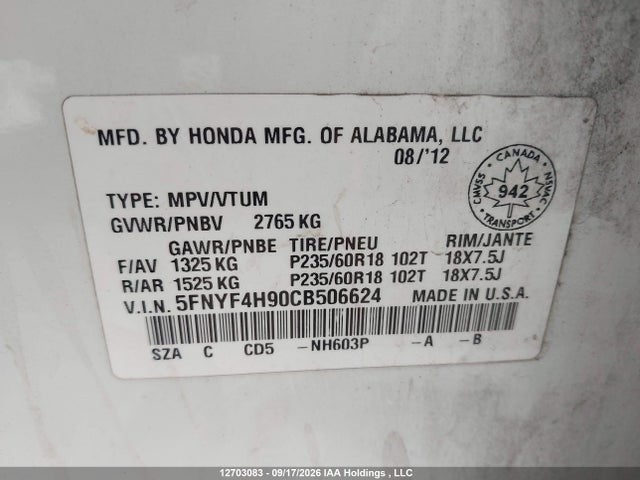 Aukcja sprzedaży 2012 Honda Pilot, vin: 5FNYF4H90CB506624, numer aukcji: 12703083