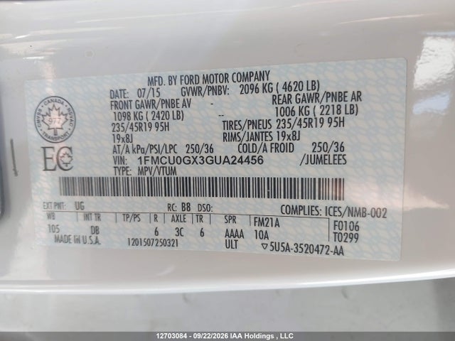 Ford ESCAPE SE 2016 1FMCU0GX3GUA24456 Image 9