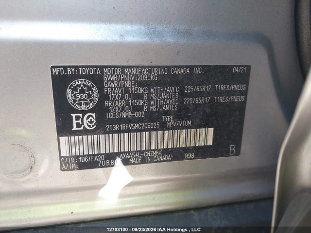 Продаж на аукціоні авто 2021 Toyota Rav4, vin: 2T3R1RFV5MC206025, номер лоту: 12703100