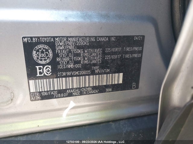 Продаж на аукціоні авто 2021 Toyota Rav4, vin: 2T3R1RFV5MC206025, номер лоту: 12703100