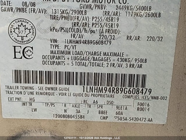 12703111 :رقم المزاد ، 1LNHM94R89G608479 vin ، 2009 Lincoln Mks مزاد بيع