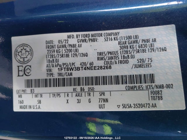 12703122 :رقم المزاد ، 1FT8W3BT4NEE28268 vin ، 2022 Ford F-350 Lariat مزاد بيع