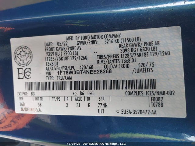 12703122 :رقم المزاد ، 1FT8W3BT4NEE28268 vin ، 2022 Ford F-350 Lariat مزاد بيع