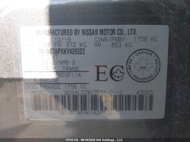12703128 :رقم المزاد ، 3N1AB7APXKY429323 vin ، 2019 Nissan Sentra 1.8 S/1.8 Sv مزاد بيع