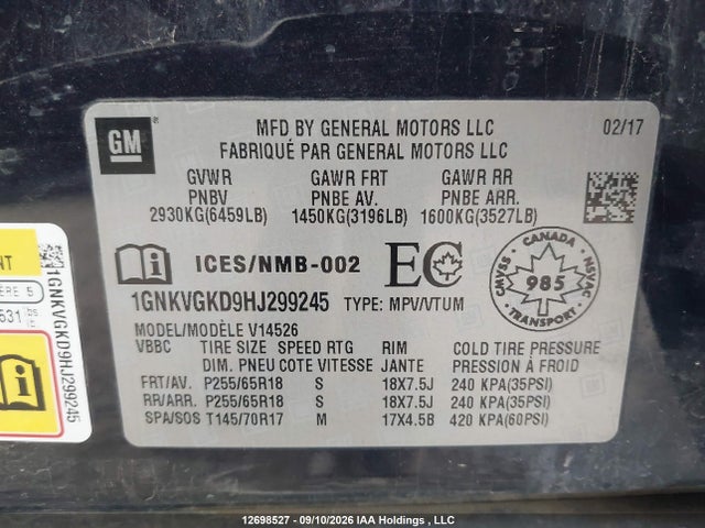 1GNKVGKD9HJ299245 Chevrolet Traverse 1lt