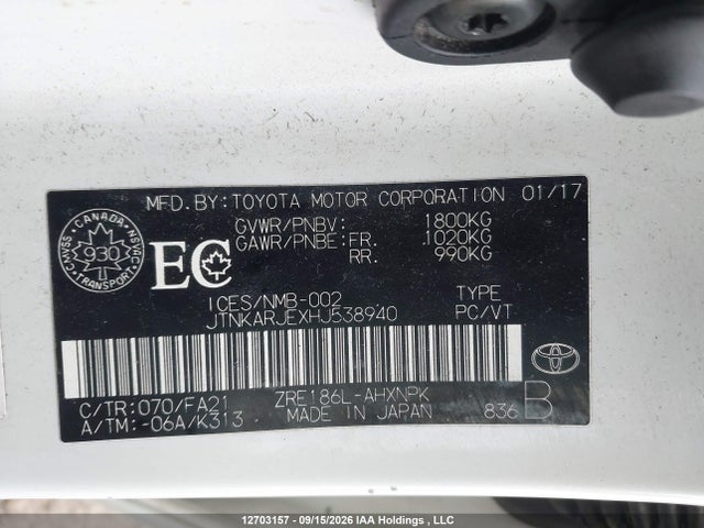 2017 Toyota Corolla Im მანქანა იყიდება აუქციონზე, vin: JTNKARJEXHJ538940, აუქციონის ნომერი: 12703157