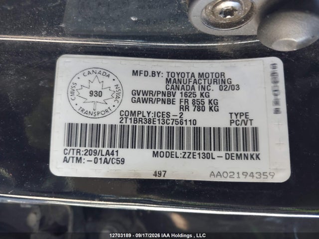 Продаж на аукціоні авто 2003 Toyota Corolla Ce/le/s, vin: 2T1BR38E13C756110, номер лоту: 12703189