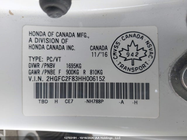 2HGFC2F83HH006152 Honda Civic Ex 4dr