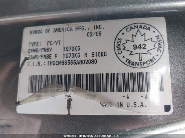 Продажа на аукционе авто 2006 Honda Accord Ex V6, vin: 1HGCM66566A802080, номер лота: 12703200