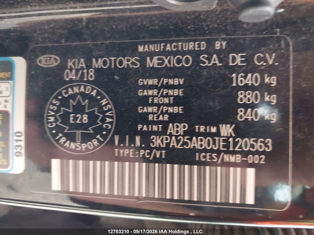 2018 Kia Rio Lx/lx+ მანქანა იყიდება აუქციონზე, vin: 3KPA25AB0JE120563, აუქციონის ნომერი: 12703210