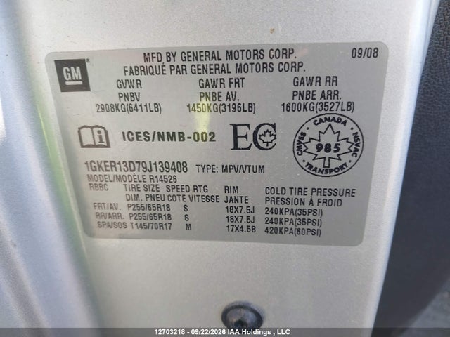 Aukcja sprzedaży 2009 Gmc Acadia Sle, vin: 1GKER13D79J139408, numer aukcji: 12703218
