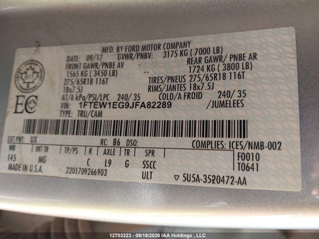 1FTEW1EG9JFA82289 Ford F150 Supercrew