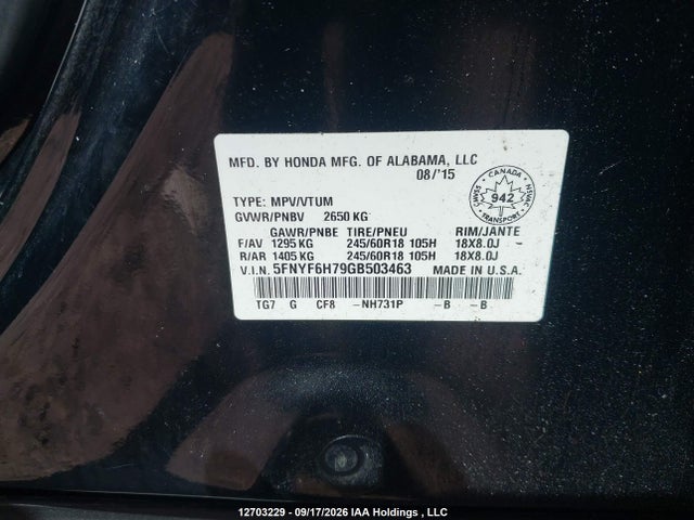 Продаж на аукціоні авто 2016 Honda Pilot Ex-l Navi, vin: 5FNYF6H79GB503463, номер лоту: 12703229