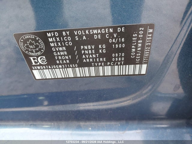 3VWD67AJ0GM371650 Volkswagen Jetta 1.4 Tsi Comfortline