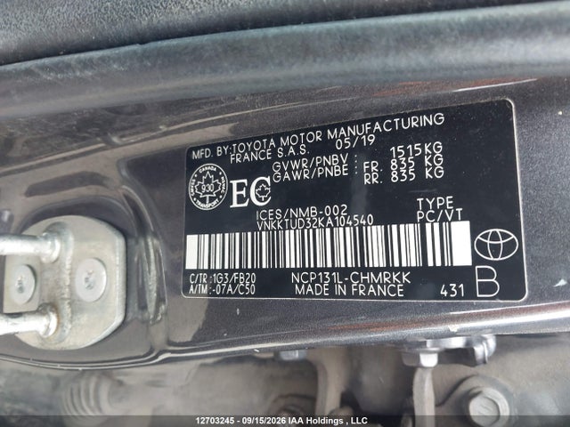Продажа на аукционе авто 2019 Toyota Yaris L/le/se, vin: VNKKTUD32KA104540, номер лота: 12703245