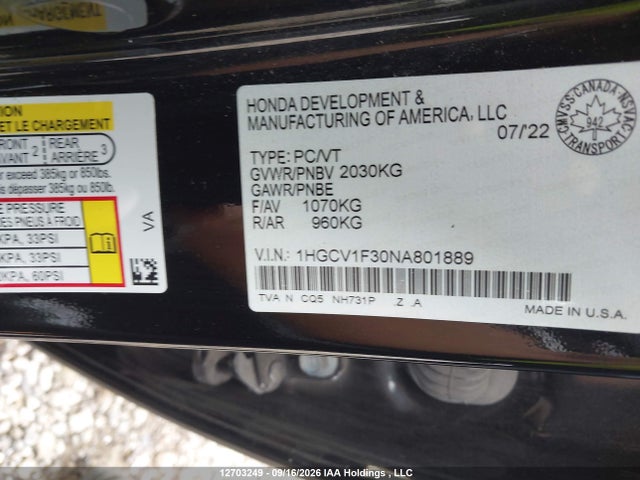1HGCV1F30NA801889 Honda Accord Sport