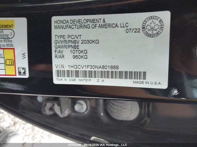 1HGCV1F30NA801889 Honda Accord Sport